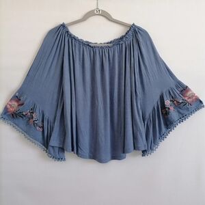 Altar'd State Women's Blue Floral Embroidered Off Shoulder Blouse Medium